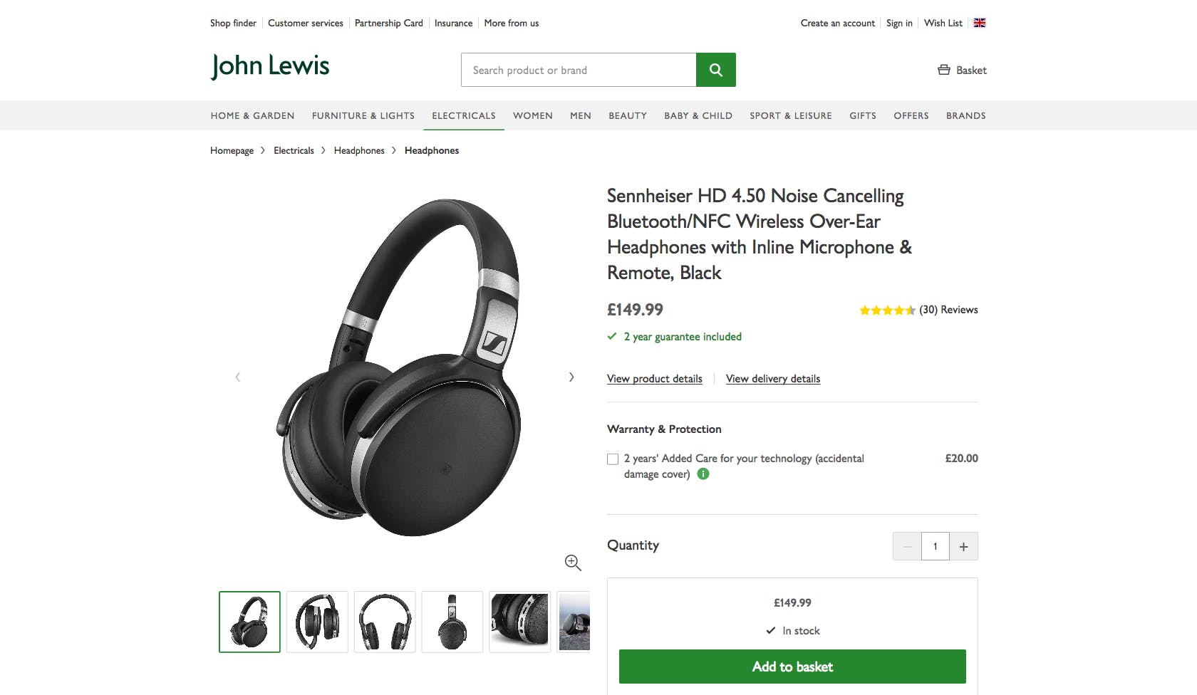 John Lewis headphone product page desktop example