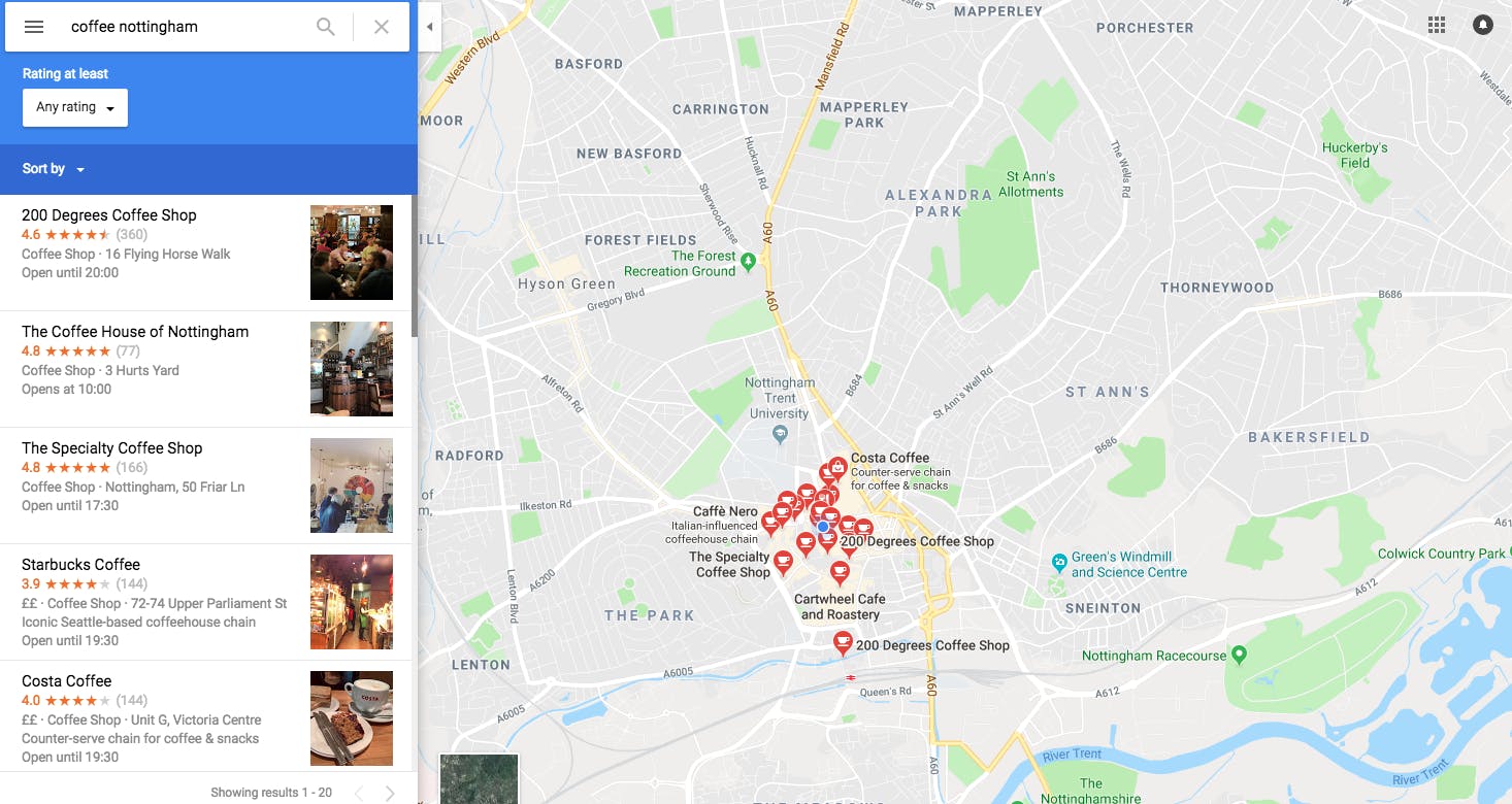 google maps for coffee nottingham