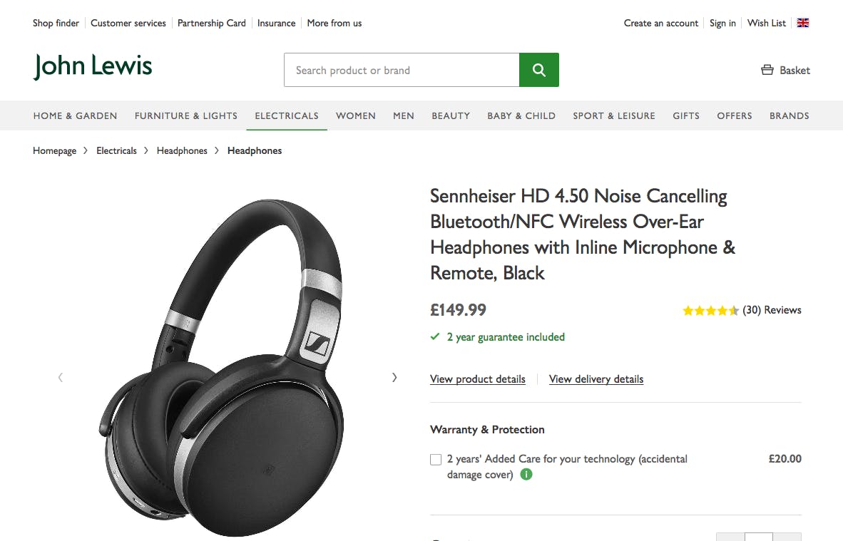 John Lewis headphone product page small viewport