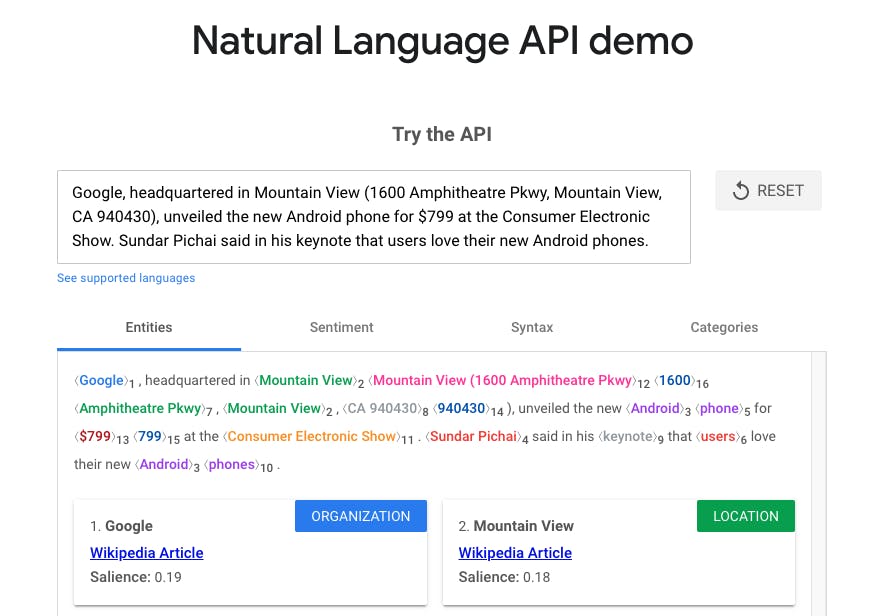 Screenshot of Google's Cloud Natural Language tool, showing the entity analysis tab and the top two entities.