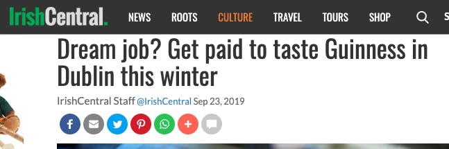 Irish Central: Dream job? Get paid to taste Guinness in Dublin this winter.