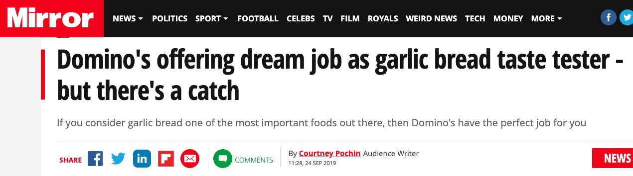The Mirror: Domino's offering dream job as garlic bread taste tester - but there's a catch.