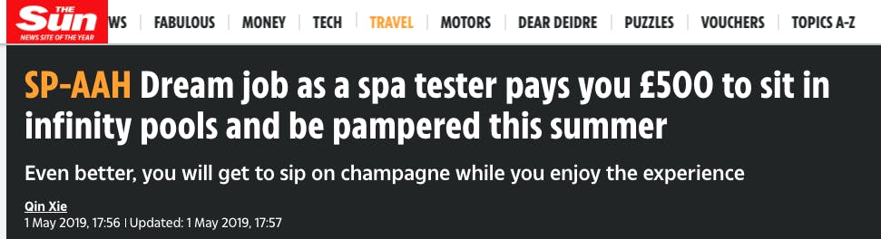 The Sun: Spa dream job as spa tester pays you £500 to sit in infinity pools and be pampered this summer