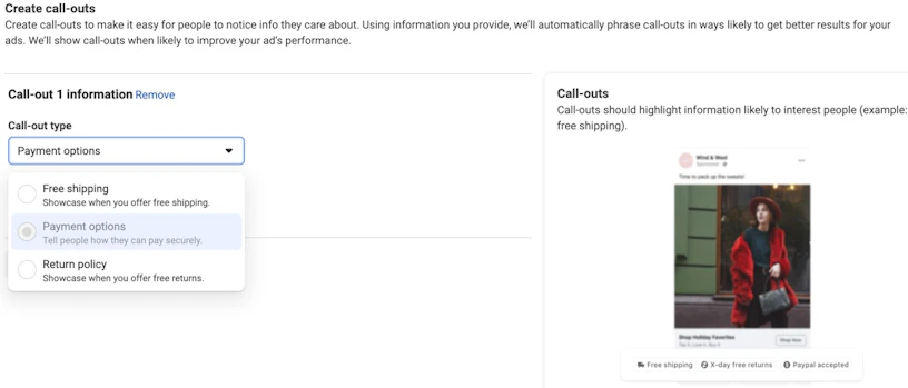 Creative call-outs with 3 information call-outs including free shipping, payment options, and return policy.