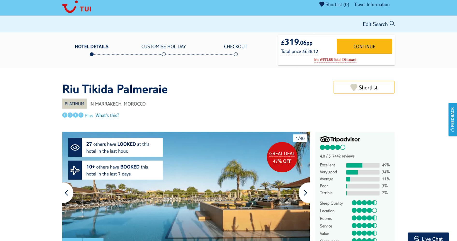 tui holidays page with small but effective cta utilising contrast colours