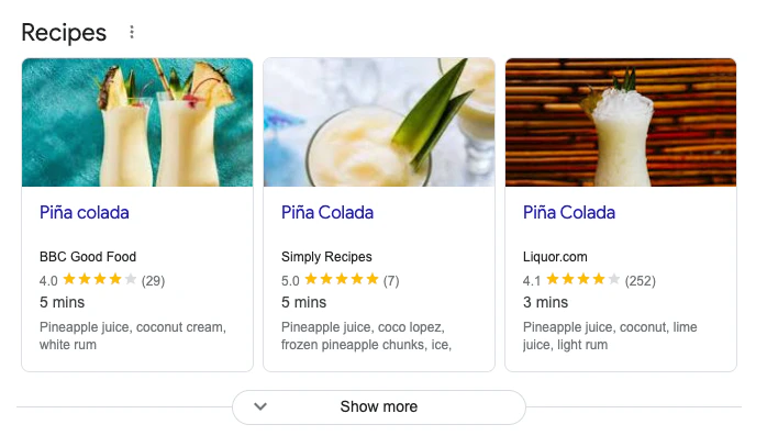 Example of recipes structured data for pina colada cocktails in SERPs.