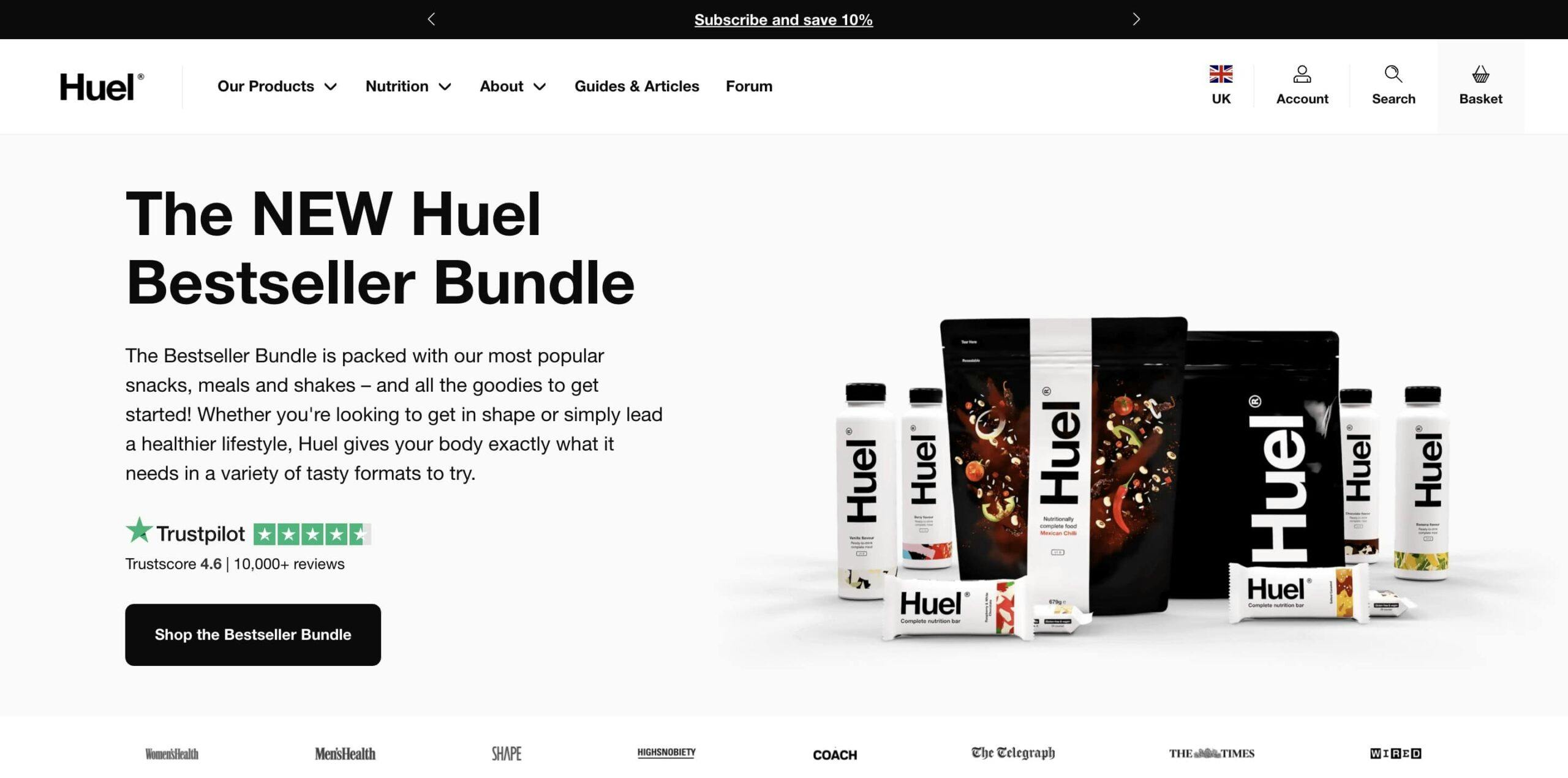 Huel home page with bestseller bundle offer, using social proof, bandwagon, and anchoring tactics.