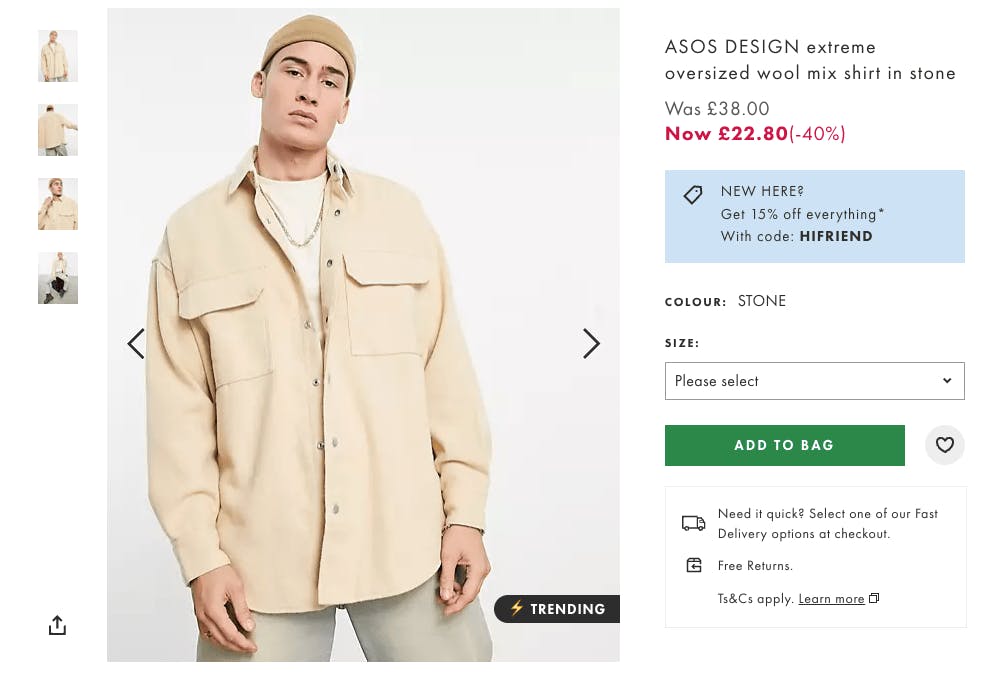 Examples of ASOS price anchoring - -40% discount nudge.