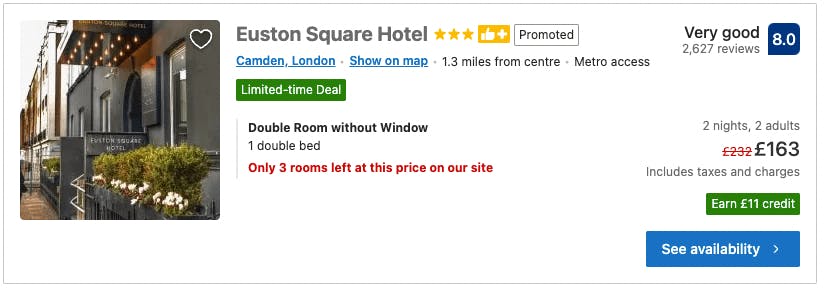 Booking.com Euston square hotel nudge 'Only 3 rooms left at this price on our site'.