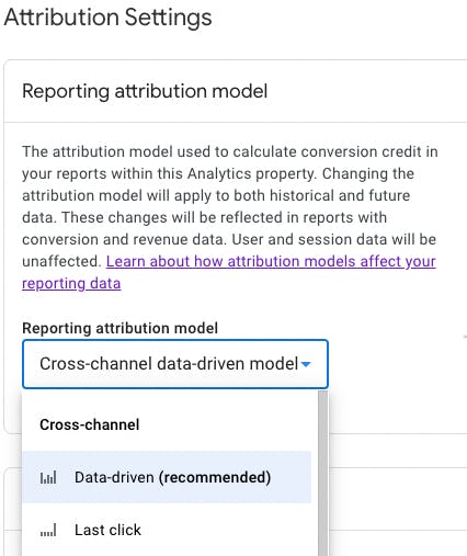 Attribution settings - Reporting attribution model. Data-driven (recommended).
