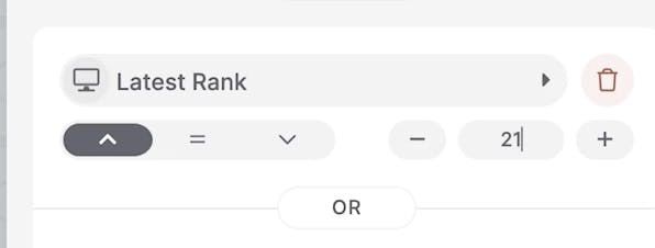 Latest rank filter selected for keywords above the position 21
