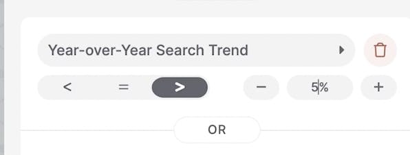 Year-over-year search trend filter for keyword growth more than 5%