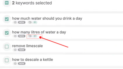 Two keywords selected with labels displayed under the keyword.