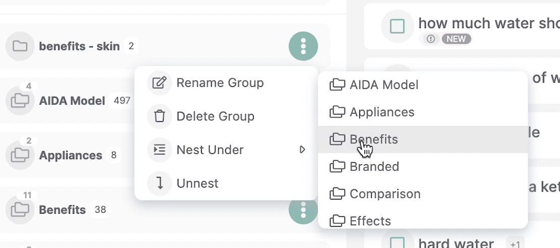 Menu to assign folders into a group to nest together.