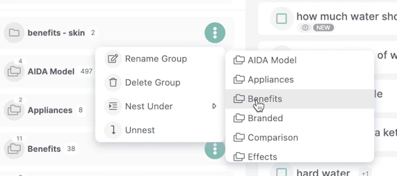 Menu to assign folders into a group to nest together.