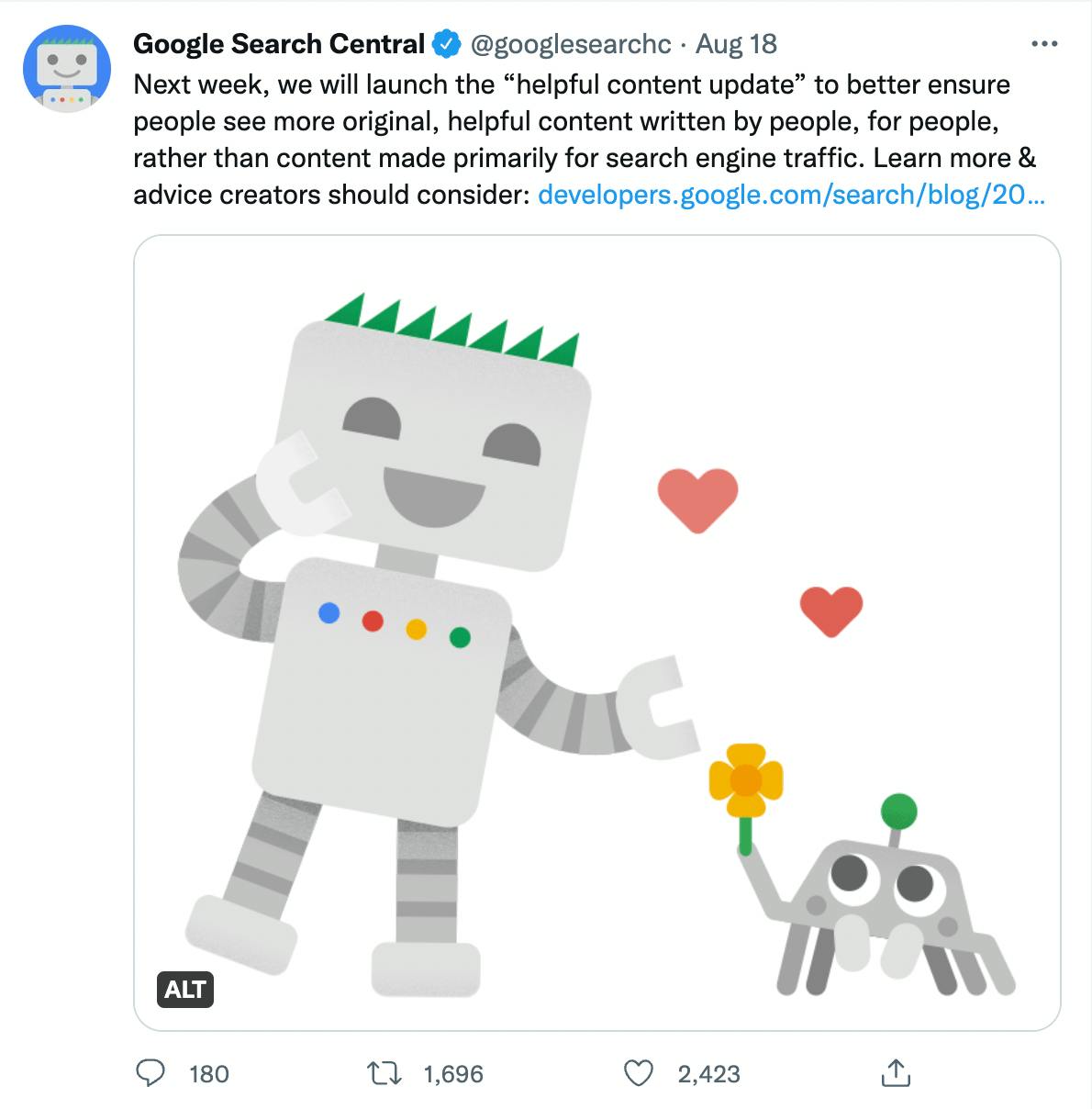Snipped tweet from Google Search Central's Twitter account. Text: "Next week, we will launch the helpful content update to better ensure people see more original, helpful content written by people, for people, rather than content made primarily for search engine traffic."