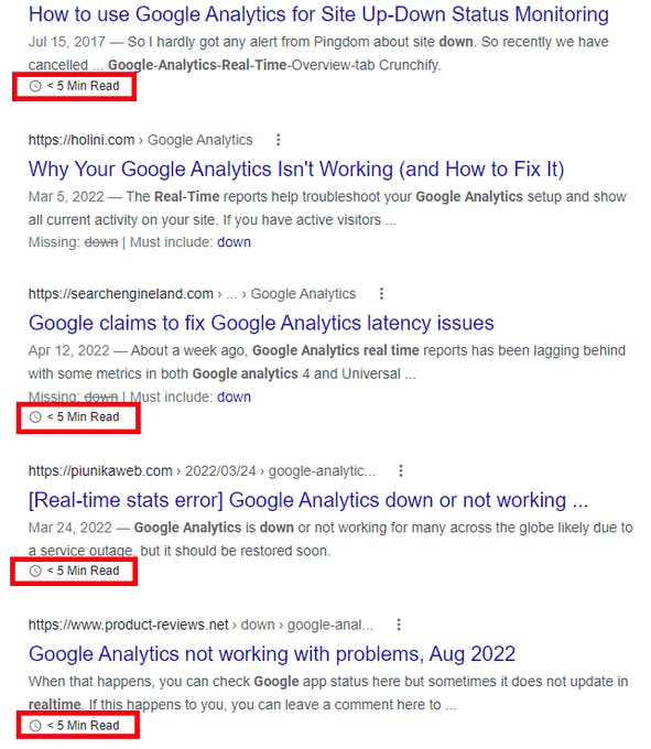 Five URL snippets found in organic Google search with four snippets '< 5 min read' underneath the meta description.