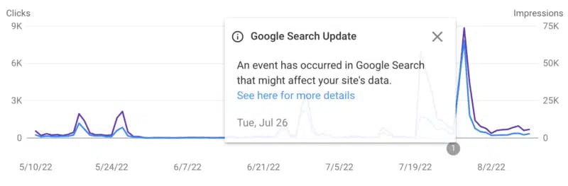 Google Search Update tab within Google Search Console displaying text: An event has occurred in Google Search that might affect your site's data.
