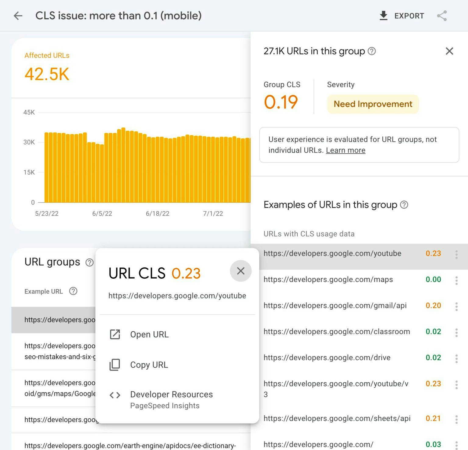 CLS report. Access URL level data by selecting URL groups which opens URL in this group. You can then individually inspect URLs.