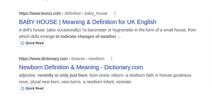 Two URL snippets found in organic Google search with 'Quick read' found underneath the meta description.