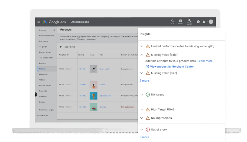 Product-specific insights within the Google Ads products tab.