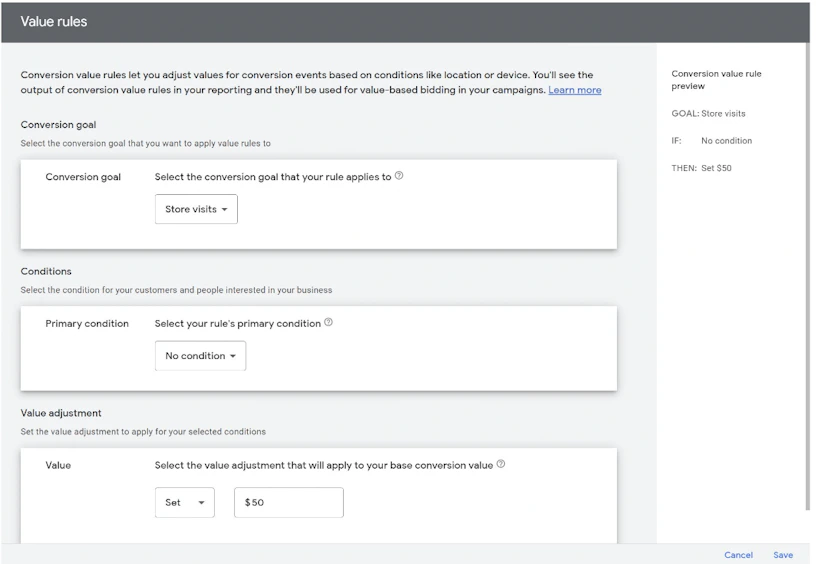 Text: Value rules. Conversion value rules let you adjust values for conversion events based on conditions like location or device. You'll see the output of conversion value rules in your reporting and they'll be used for value-based bidding in your campaigns.