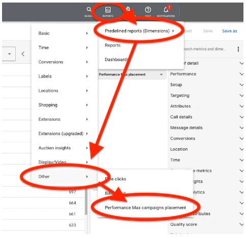 Reports > Predefined reports (Dimensions) > Other > Performance Max campaign placement