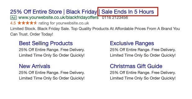 Text: 25% Off Entire Store | Black Friday | Sale Ends in 5 hours.
Graphic: Red box highlighting 'Sale ends in 5 hours'.