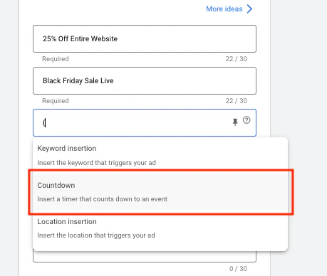 Image: Drop down dialogue menu with 3 options available: Keyword insertion, countdown and location insertion. For this ad to be made a countdown ad, we select 'countdown'.