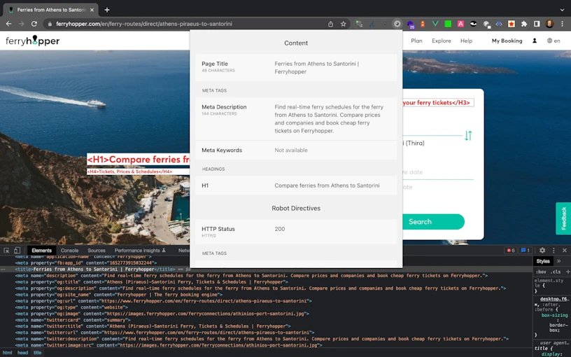 Meta description and title inspection for FerryHopper website on-page.