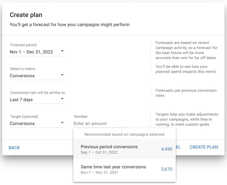 Text: Create plan. You'll get a forecast for how your campaigns might perform. Forecasts are based on recent campaign activity, so a forecast for the near future will be more accurate than one for far off days. You'll be able to see how your planned spend impacts this metric. Forecasts use previous conversion rates. Targets help you make adjustments to your campaigns, while they're running, to meet custom goals.