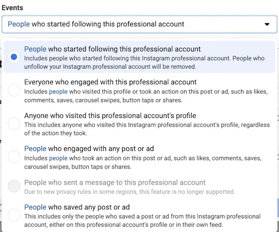 Meta's customer audience feature including targeting for people who started following professional accounts.