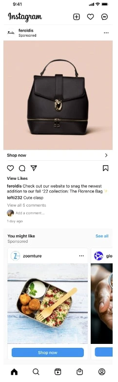 Examples of multi-advertiser ads showing up in Instagram feeds.