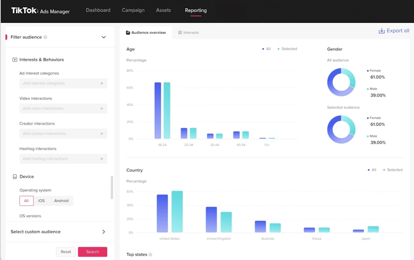 TikTok ads manager reporting dashboard displaying audience overview insights.