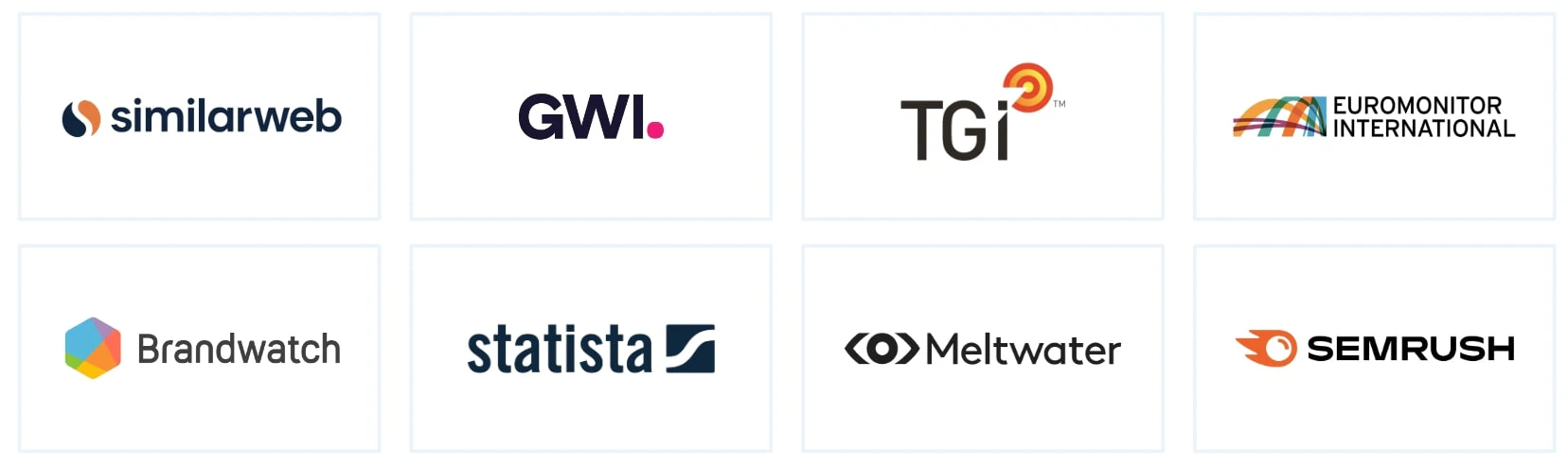 A grid of tool logos:
Similarweb
GWI
TGI
Euromonitor International
Brandwatch
Statista
Meltwater
SEMrush