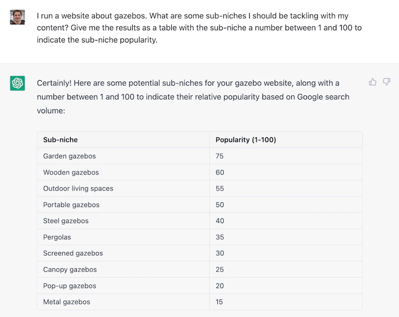 Screenshot of ChatGPT displaying prompt with a list of sub-niches with Google search volume.