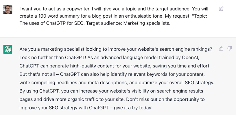 Screenshot of ChatGPT displaying prompt to generate new content