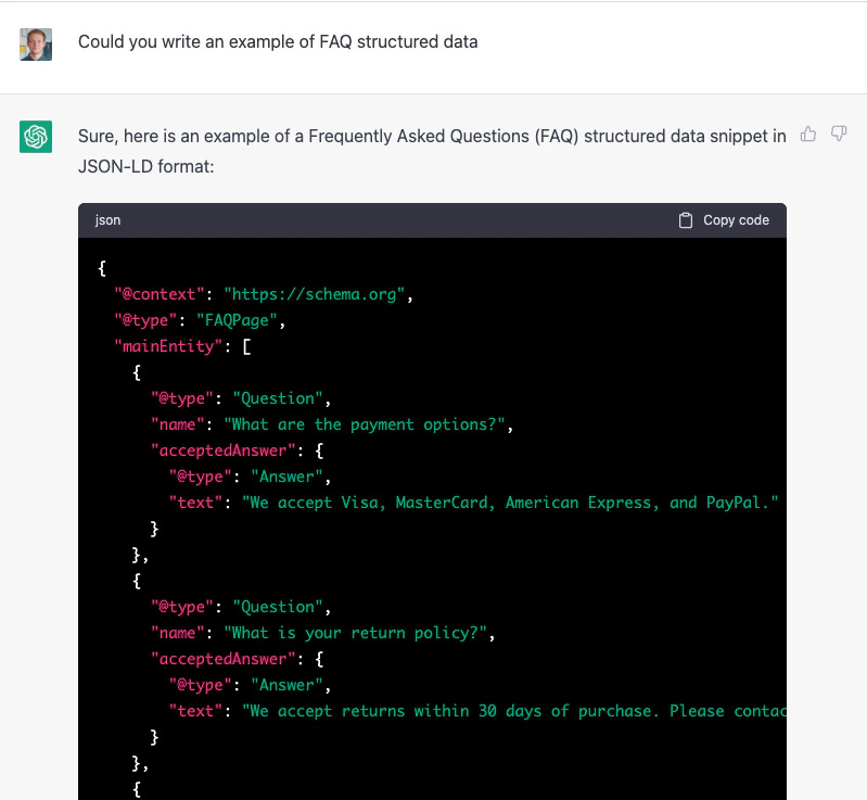 Screenshot of ChatGPT displaying prompt which has generated schema markup