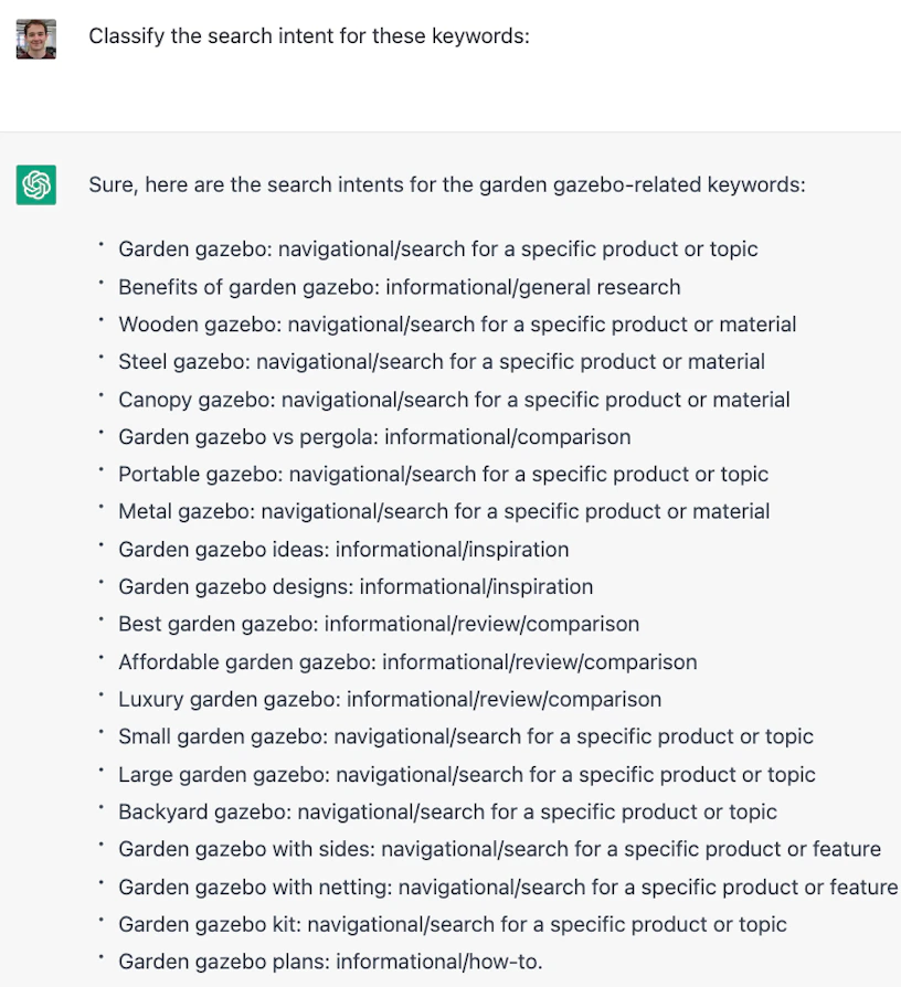 Screenshot of ChatGPT displaying prompt and a list of search intent related keywords