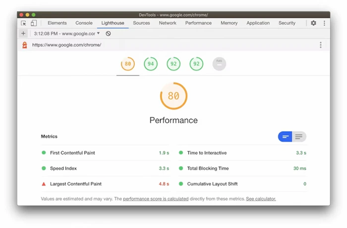 Google Lighthouse core web vitals performance display.