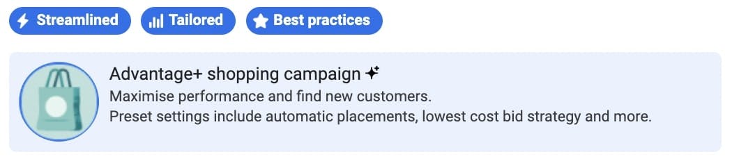 Text: Advantage+ shopping campaign. Maximise performance and find new customers. Preset settings include automatic placements, lowest cost bid strategy and more.