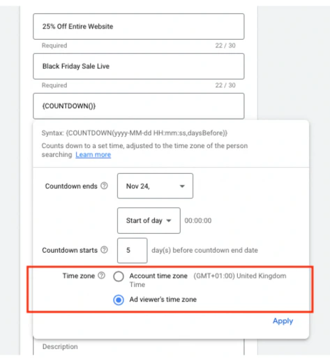 Image: A highlighted area showing that we have selected the option 'Ad viewer's time zone' for the time zone characteristic. This should allow different times to be shown to users overseas.