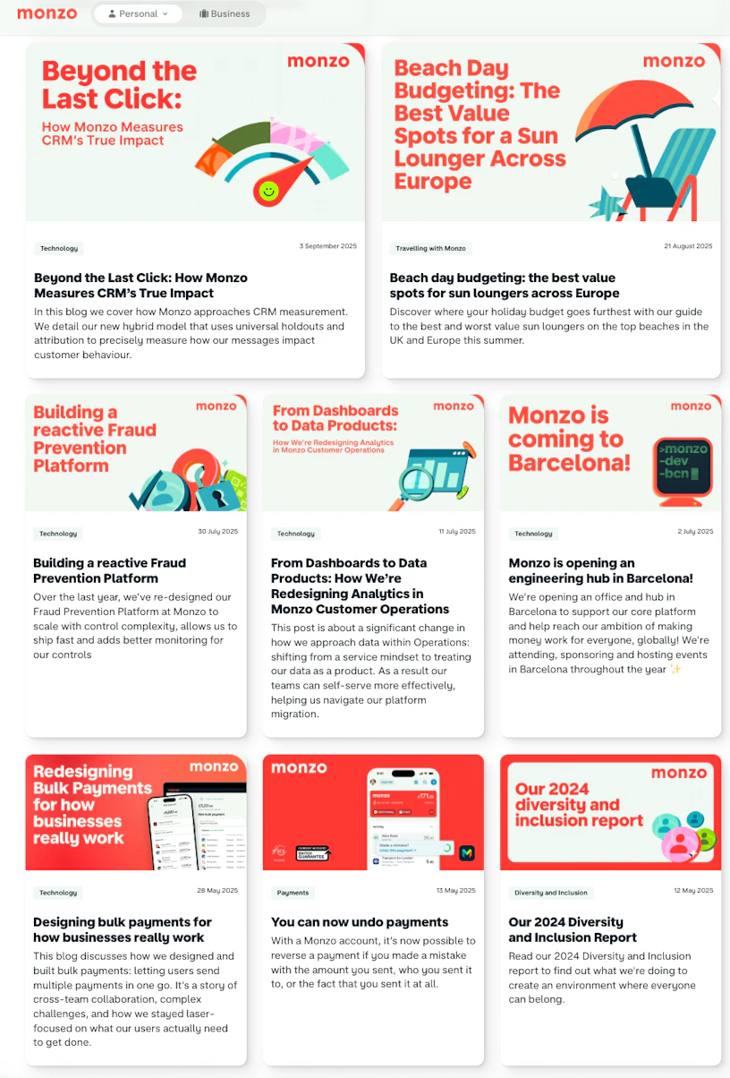 Screenshot of Monzo blog