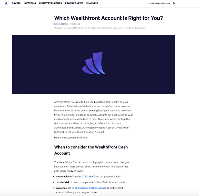 Screenshot of Wealthfront blog
