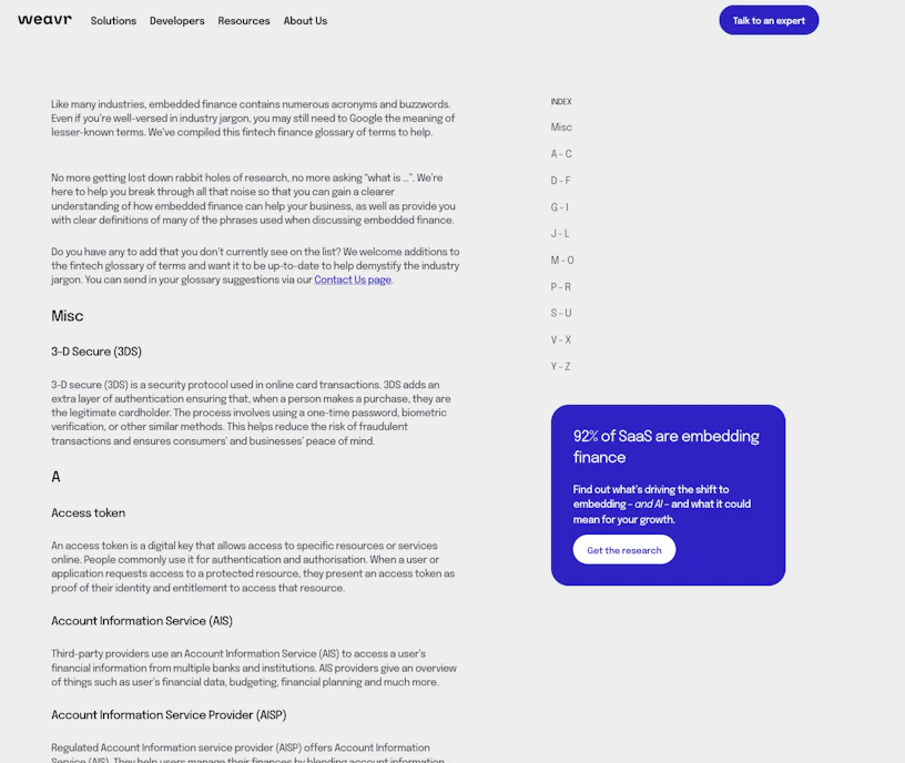 Screenshot of Weavr glossary